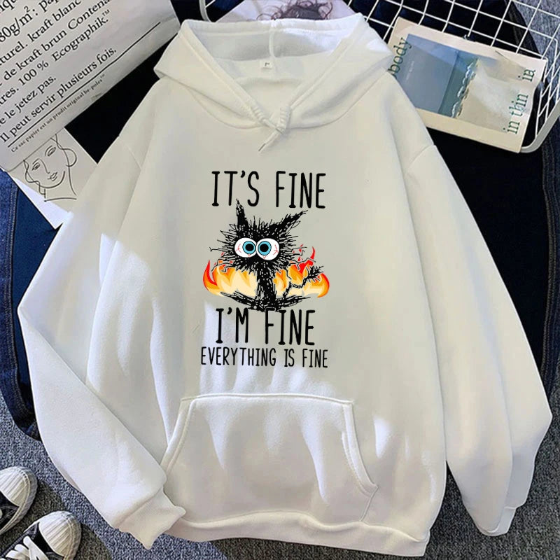 (Premium hoodie)Hot  Cat Its Fine Im Fine Everything Is Fine Printed Women And Men Hoodies Loose Pullover Hooded - reetell