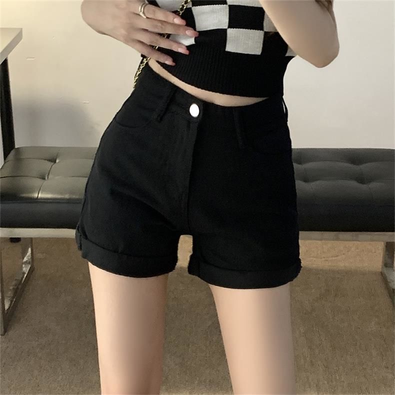 150cm Petite Girls Versatile Rolled Edge Denim  Women With High Waistretro Slim Fit XS Size Showing Slim Hot Pants Summer Wear - reetell