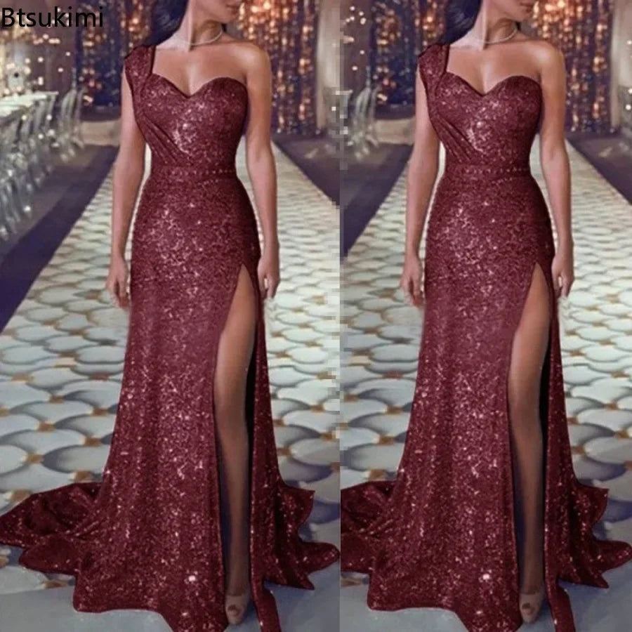 2024 Women's Wedding Party Dress Evening Elegant Sexy Deep V Neck One Shoulder Sleeveless Sequined Long Maxi Dresses For Women - reetell