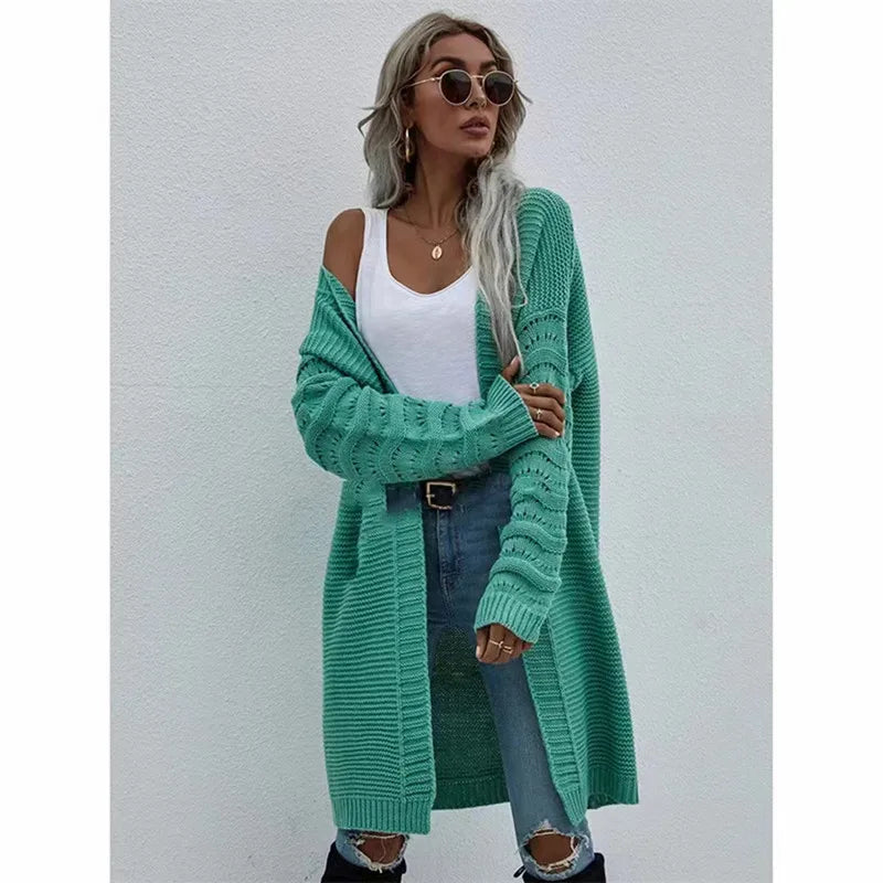 Long Cardigan Solid Color  and  Women's Spring and Autumn Knitted Fashion Sweater Outerwear  - reetell