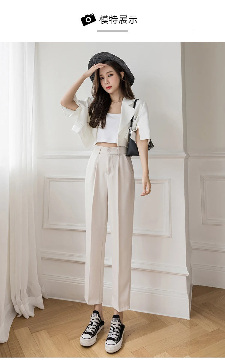 Chic High Waist Pants Women 2024 Spring Summer Casual Loose Solid Straight Trouser Office Ladies Work Nine Points Suit Pant New - reetell