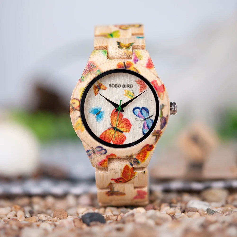 BOBO BIRD Wood Women Watches Luxury Engraved Handmade Ladies Quartz Wristwatch Wooden Pattern Printed Floral Casual Watch