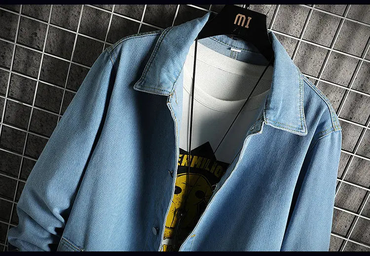 2023 Spring Men Denim Jacket Men Loose Mid-Length Denim Casual Coat Male Turn-Down Collar Trenchcoat Korean Fashion Outerwear - reetell