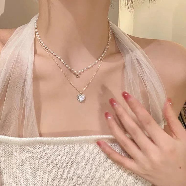 Korean Pearl Chain Choker Necklace for Women Girls 2023 Trend Jewelry Heart Tassel Pendant Necklace Bridal Engagement Gift