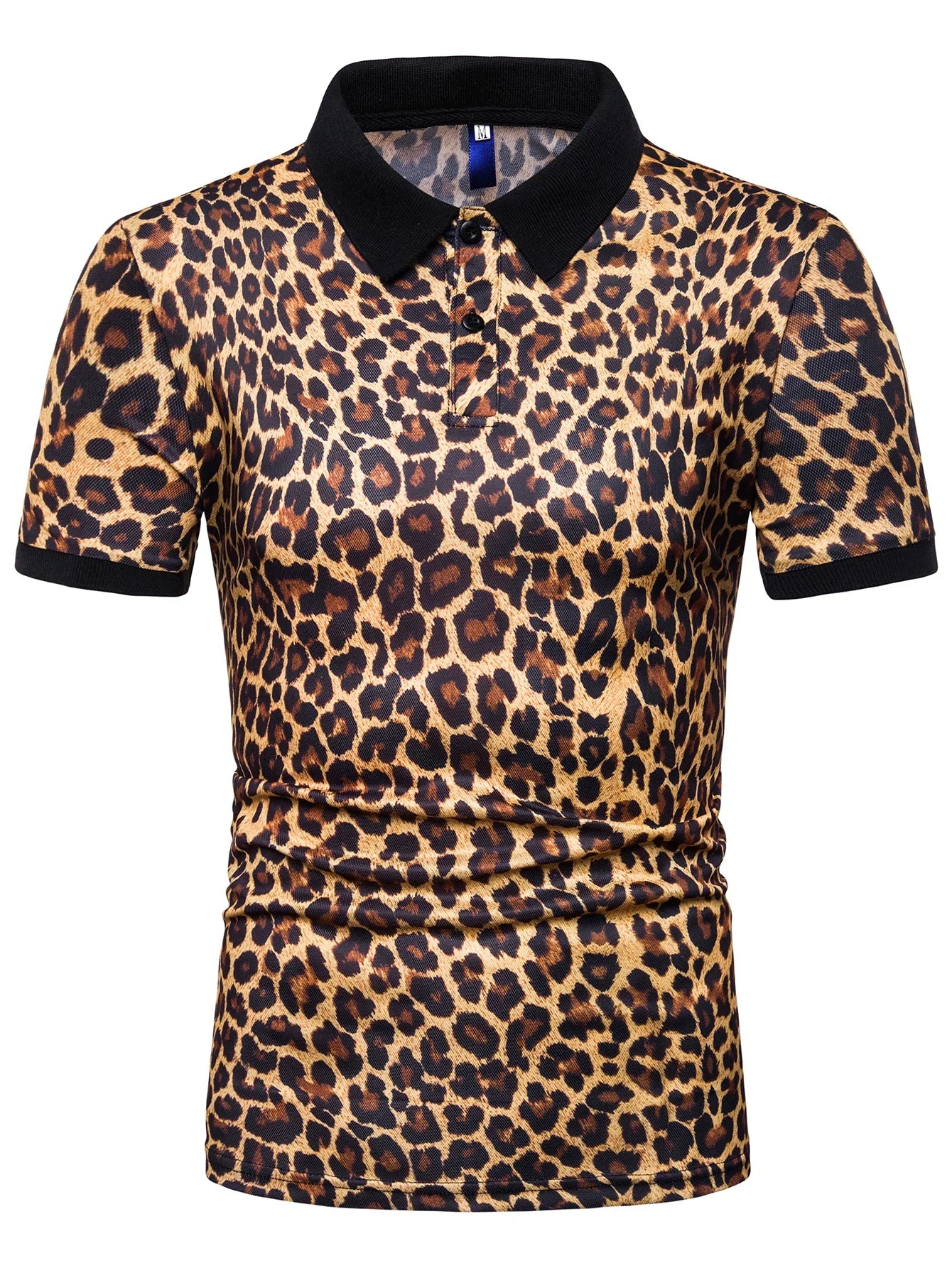 1pc New Men's Fashion T-shirt Leopard Print Short Sleeve Breathable Lapel  Men Clothing