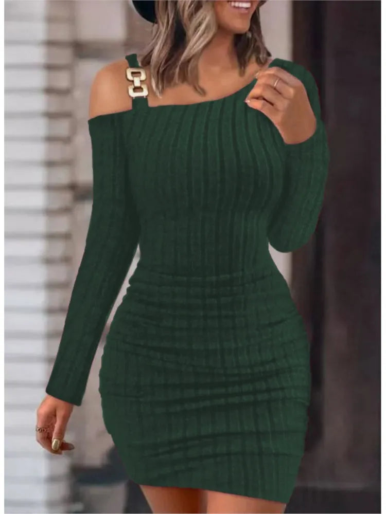 Sexy Chain Off Shoulder Mini Dress Women Autumn Fashion Bodycon Long Sleeve Dresses For Women Winter Skinny Knitted Vestidaos - reetell