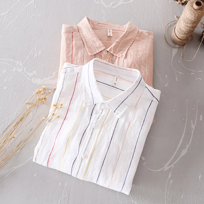 Spring Summer New Striped Dress Men's Linen 100% Pocket Business Casual Shirts For Men High Street Loose Thin Clothes Tops