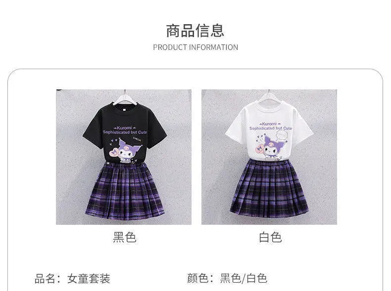 Sanrio New Girls Pleated Skirt T-Shirt Set Kuromi Summer Cute Skirt Set Jk College Style Fashion Clothing Set Holiday Gift - reetell