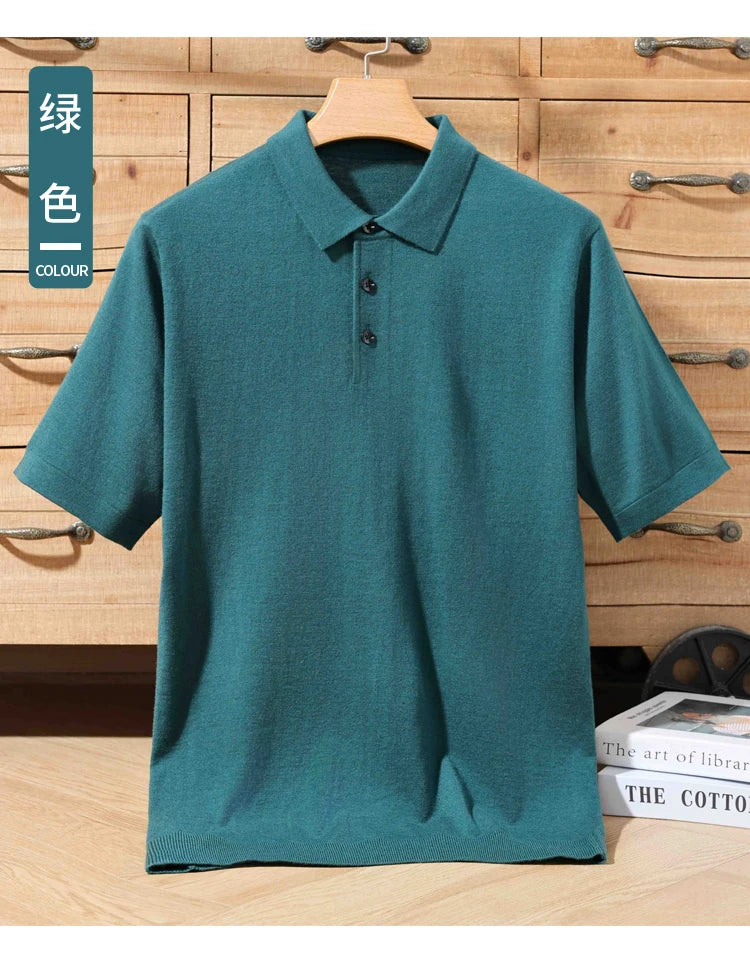 Summer 100% merino wool men's lapel pullover short sleeve POLO neck sweater loose top business casual knit T-shirt