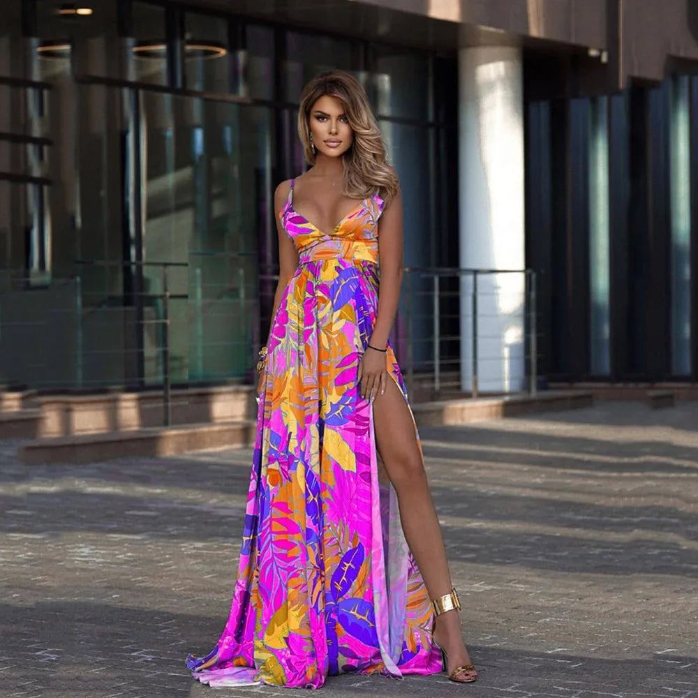 Color Print Spaghetti Strap Long Dresses Women Sexy Deep V-neck Backless Slit Dress Fashion Bohemian Beach Vacation Maxi Vestido - reetell