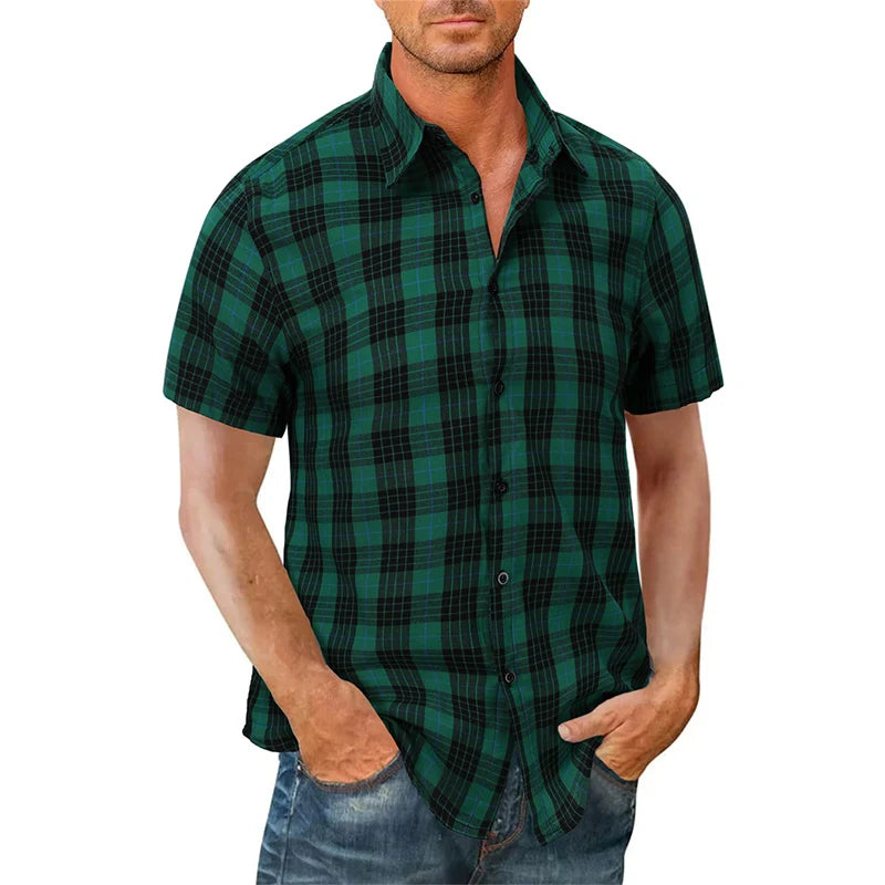 2023 New Men Casual Plaid Flannel Shirt Short Sleeved Chest With Pocket Design Fashion Printed-Button (USA SIZE S M L XL 2XL)