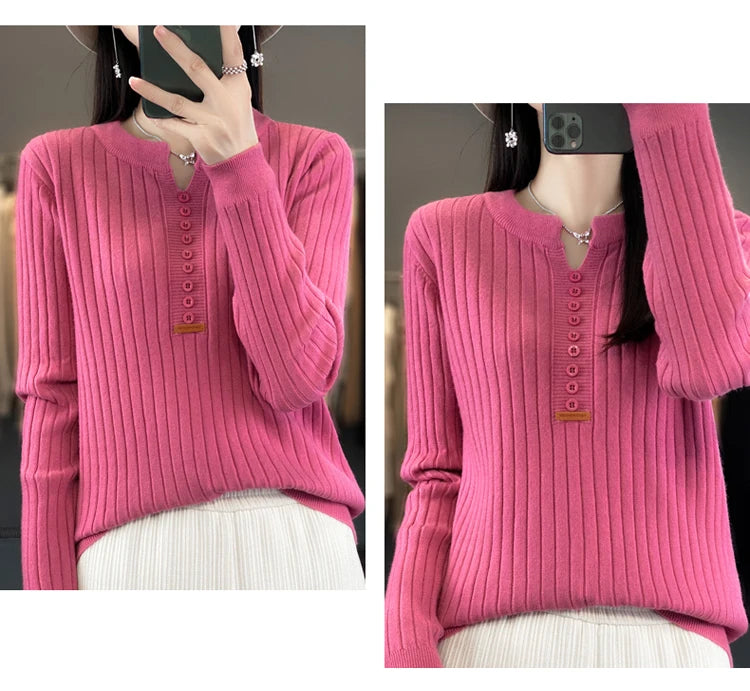 Women's Sweater Autumn/Winter New Solid Color Knitwear V-Neck Pullover Ladies Clothes Fashion Blouse Korean Style Loose Tops - reetell