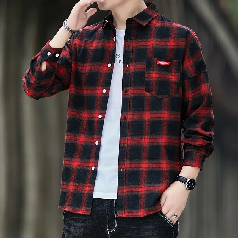 Autumn New Casual Men's Flannel Plaid Shirt Brand Male Business Office Red Black Checkered Long Sleeve Shirts Clothes