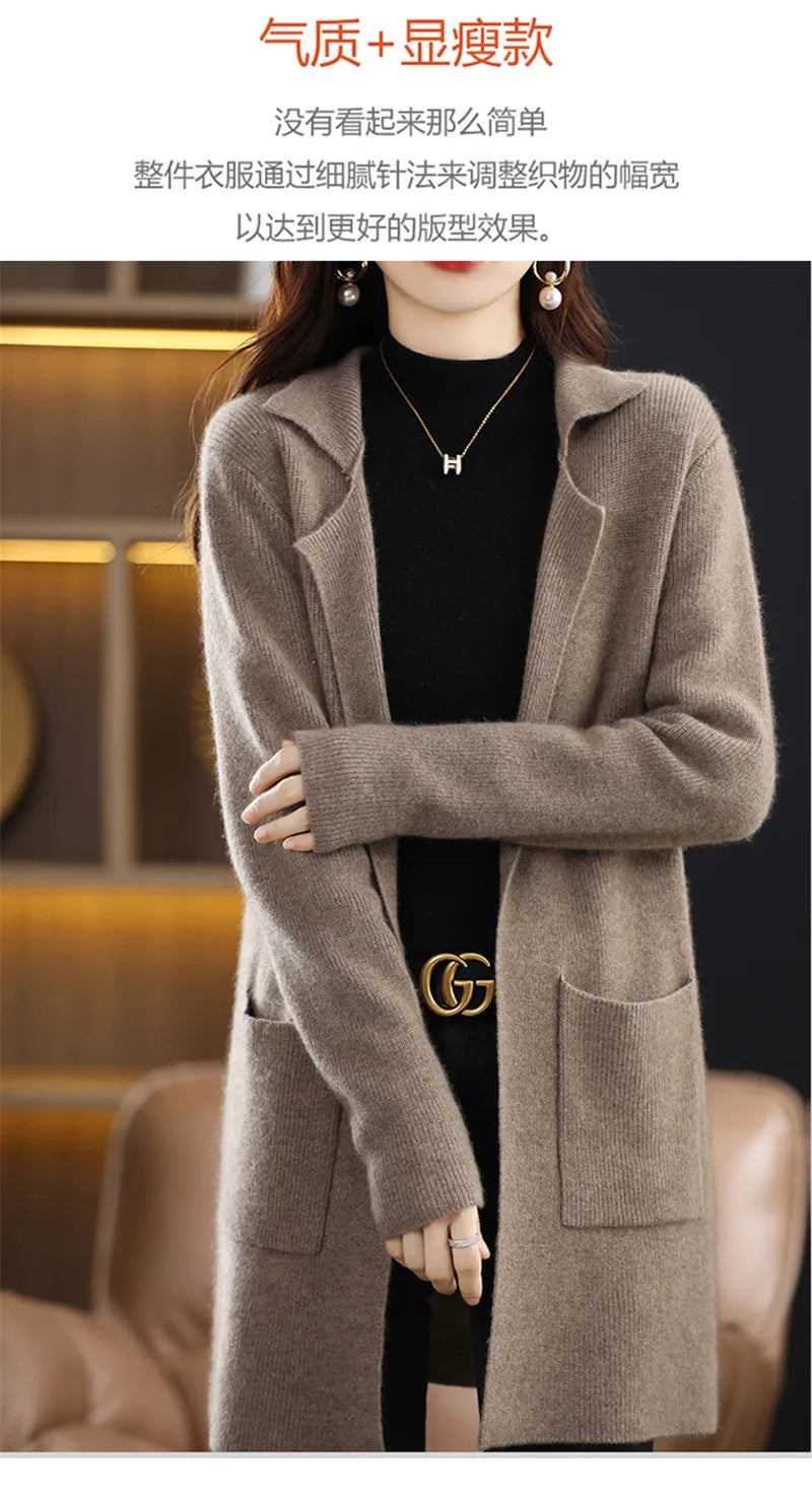 Limiguyue Wool Cashmere Sweater Long  Jacket Turn Down Collar Knit Cardigan Women Winter Autumn Soft Warm Knitwear Coat E329 - reetell