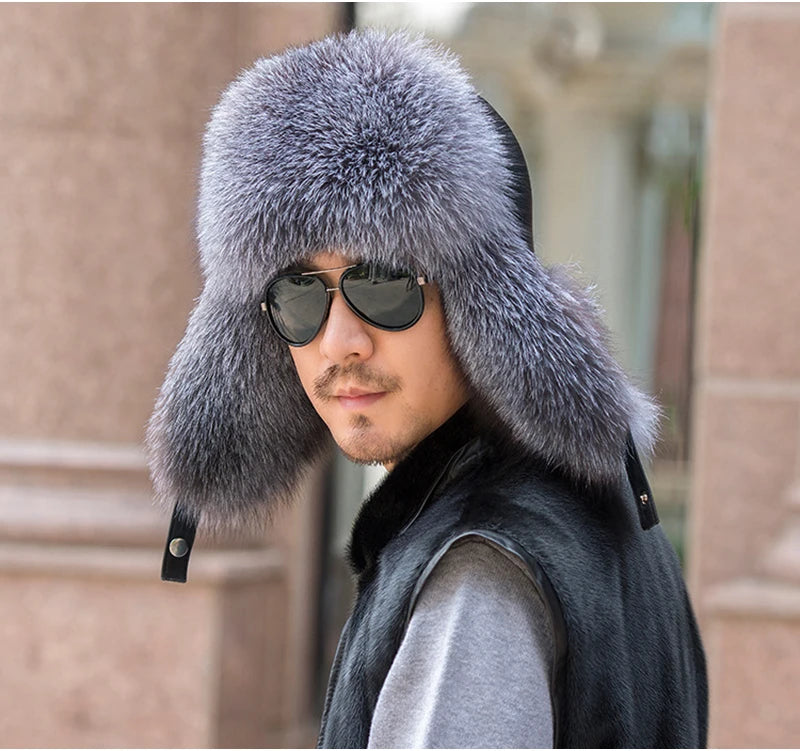 Winter Men's 100% Real Silver Fox Fur Bomber Hat Raccoon Fur Ushanka Cap Trapper Russian Man Ski Hats Caps Real Leather