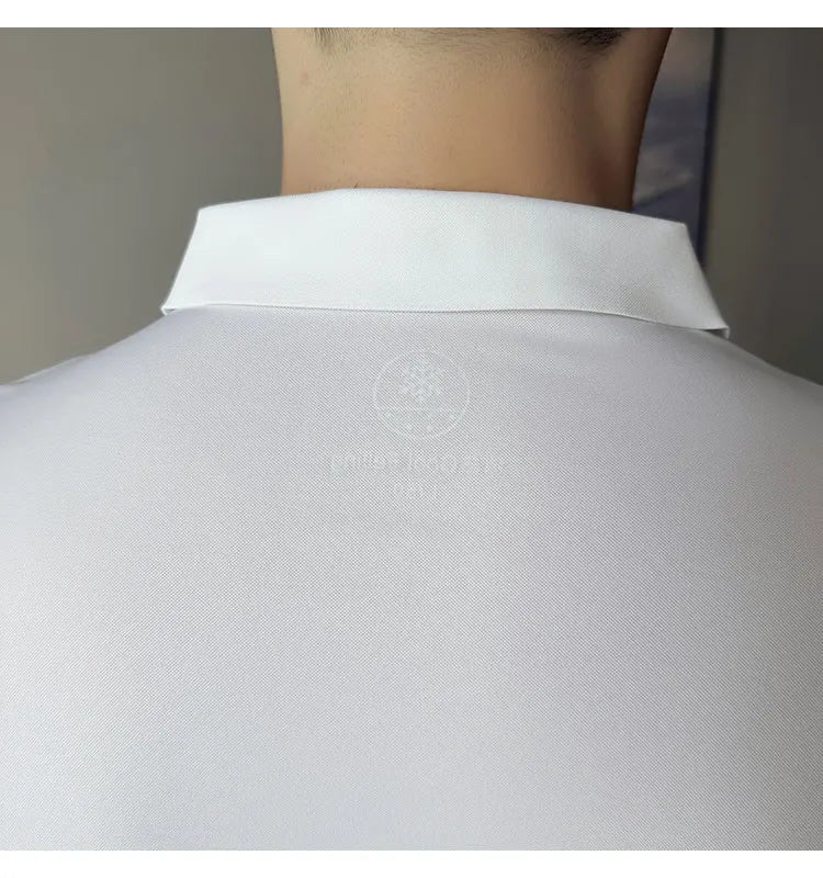 Ice Silk Traceless T-shirt Men's  Business Casual Solid Color Half Sleeve High Elasticity Top Silk Smooth Breathable POLO Shirt