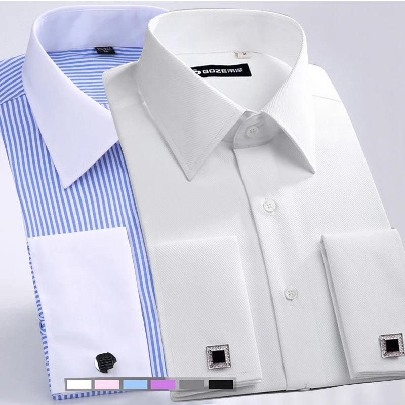 M~6XL Men's French Cuff Dress Shirt 2024New White Long Sleeve Formal Business Buttons Male Shirts Regular Fit Cufflinks Shirt - reetell