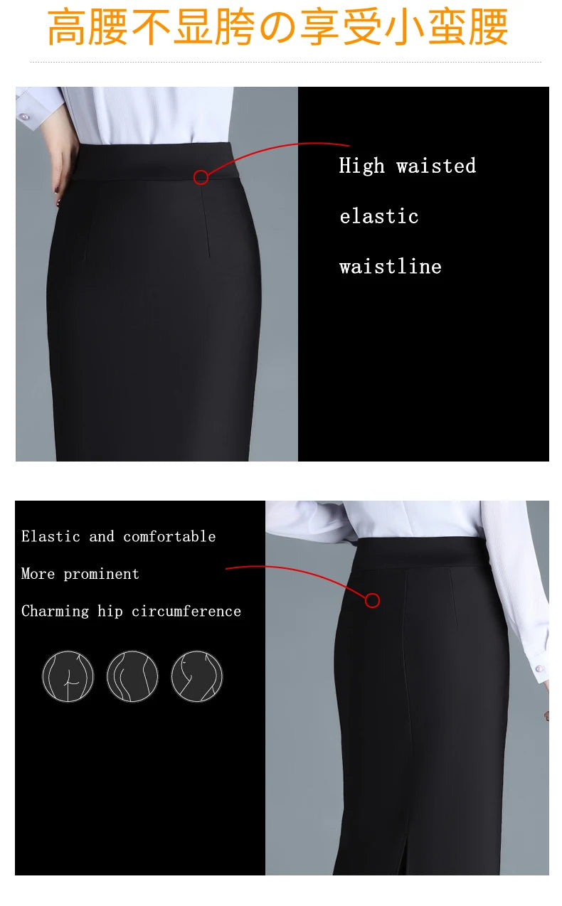 Stretch Pencil Skirts for Women, Office Lady, Formal Black Midi Skirts, Elegant Female Package Hip Skirts, Spring and Autumn - reetell