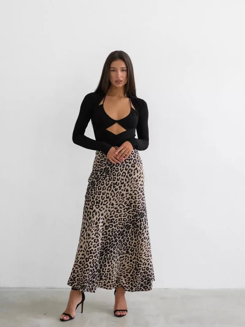 Sexy Leopard Print Long Skirts For Women 2024 Summer Fashion Vintage Women's Satin Maxi Skirt Female High Waist A-Line Skirt - reetell