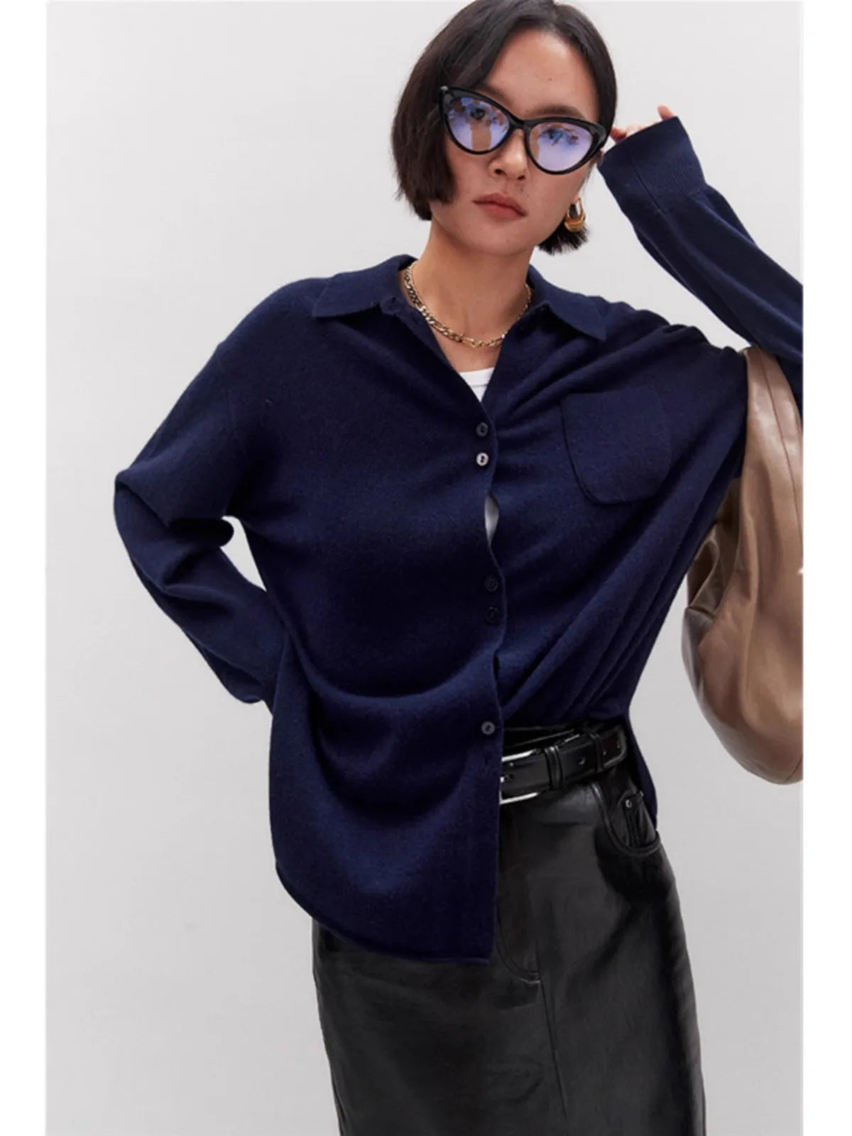 Europe station loose mid-length POLO collar 100% cashmere knit cardigan women's spring and autumn large size lapel sweater - reetell