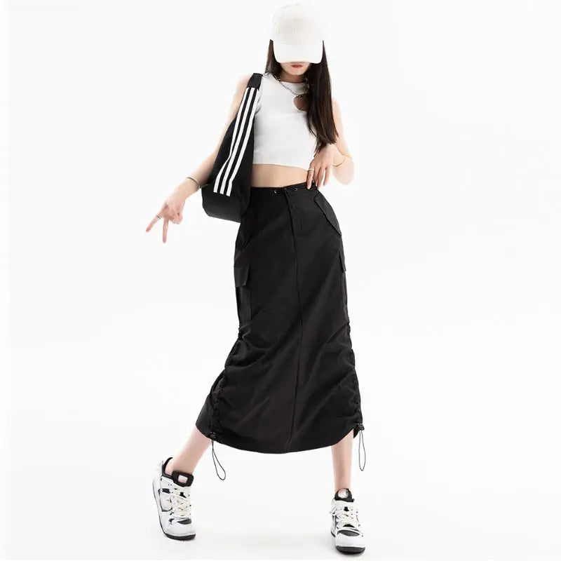 American Retro Cargo Skirt for Women Summer Slit Design Drawstring High Waist Mid-length Skirt Y2k Streetwear Fashion Clothing - reetell