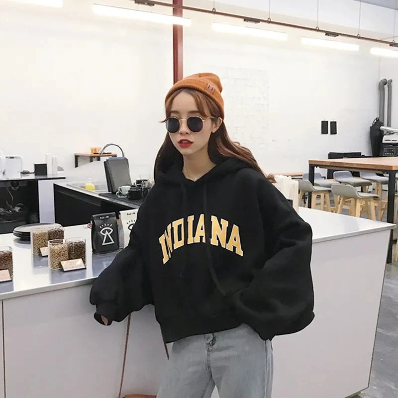 Autumn Thick Women Hoodies Fashion Loose Fake Two Piece Letter Printing Tops Harajuku Warm Preppy All Match Crop Sweatshirts - reetell