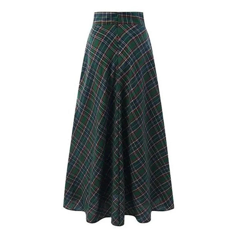 Autumn Winter Women Skirt Korean Style Retro Plaid A-line Skirt Fashion Loose High Waist Stretch Party Long Skirt S-5XL(UK 8-24) - reetell