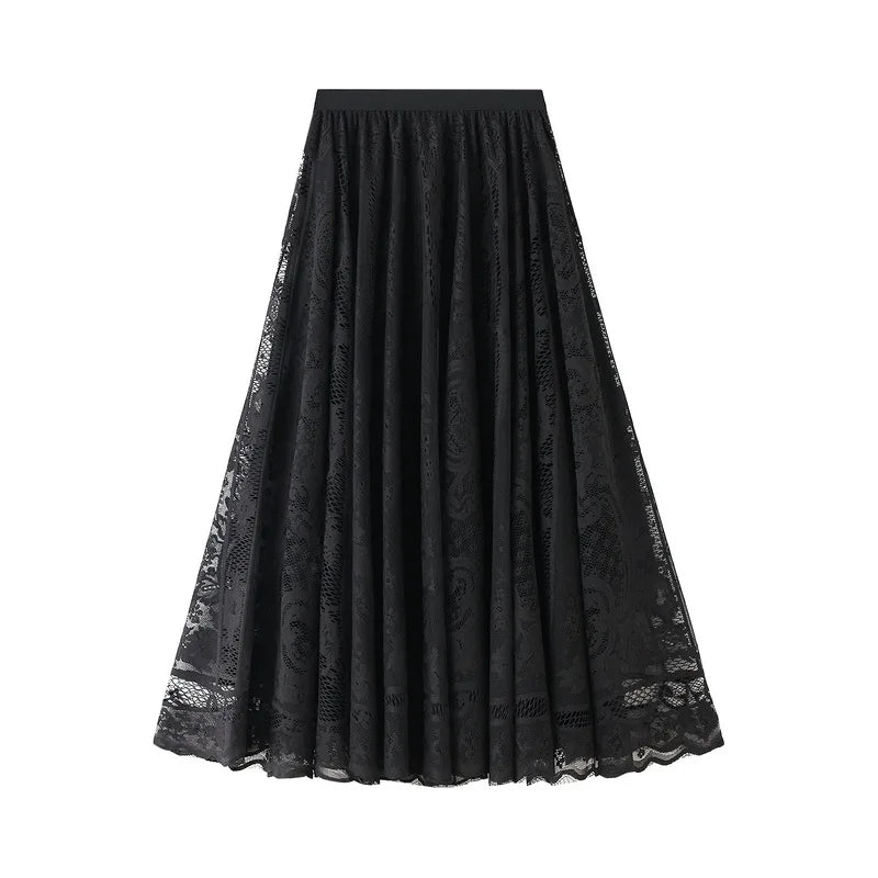 Spring Summer Women Lace Skirts Solid High Waist Elastic Vintage Elegant Office Ladies White Black Chic Long Skirts Jupe Longue - reetell