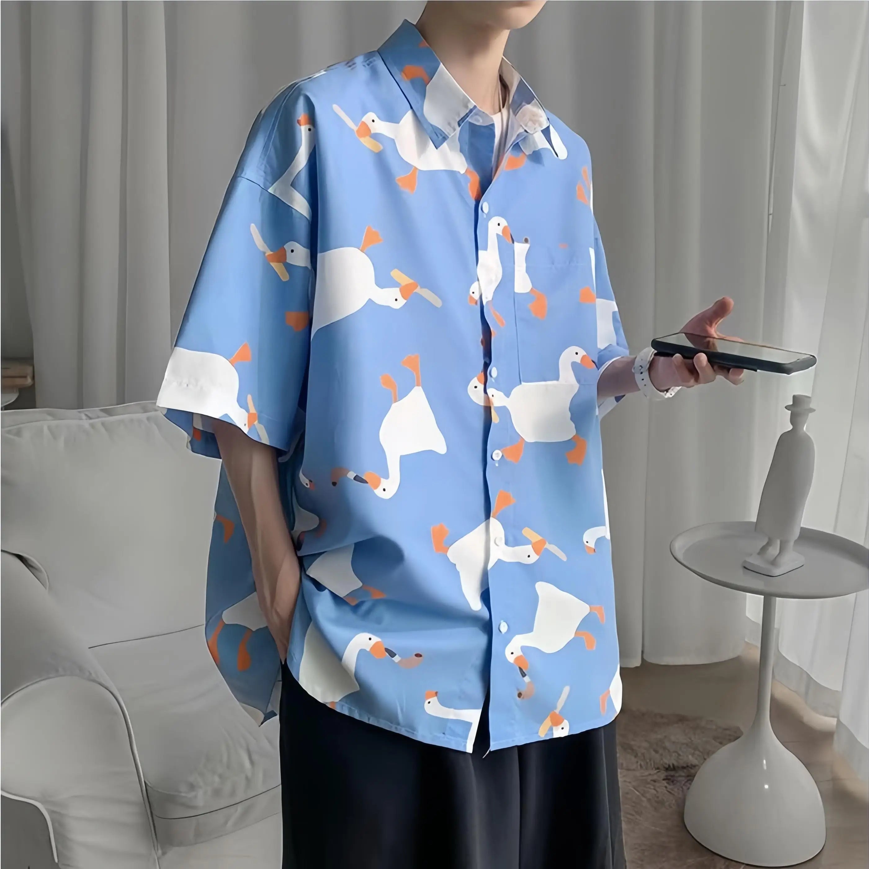 Men's Summer Thin Short Sleeve Shirt Loose Fit Casual Versatile Tops Fashion Goose Print Button Pockets Hawaiian Beach Shirt - reetell