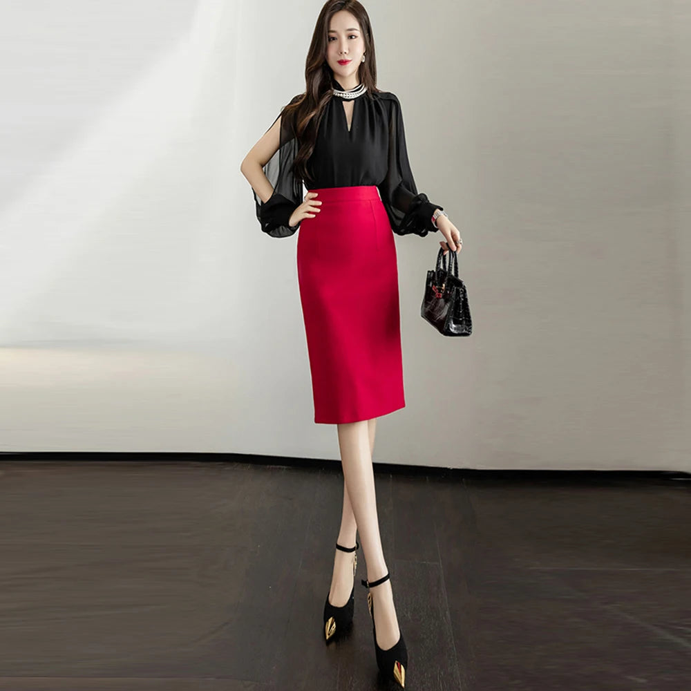 Classic Vintage Gray Red Stretch Pencil Skirts For Women Office Lady Formal Black Midi Skirts Elegant Female Package Hip Skirts - reetell