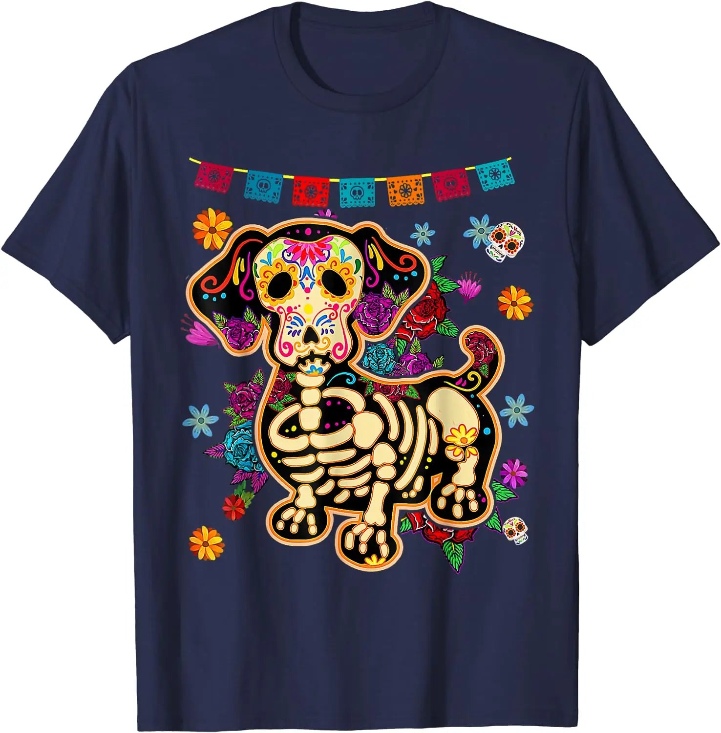 Sugar Skull Mexican Dachshund Bone Halloween Day of Dead T-Shirt Casual Cotton Four Seasons Graphic T Shirts Funny T Shirts