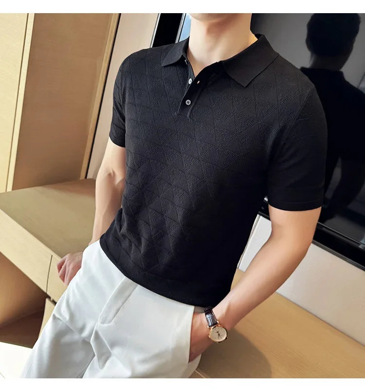 High-quality Men's Jacquard Polo Shirt, Business Casual Men's Solid Color Short-sleeved Top,  Geometric Pattern Men's T-shirt.