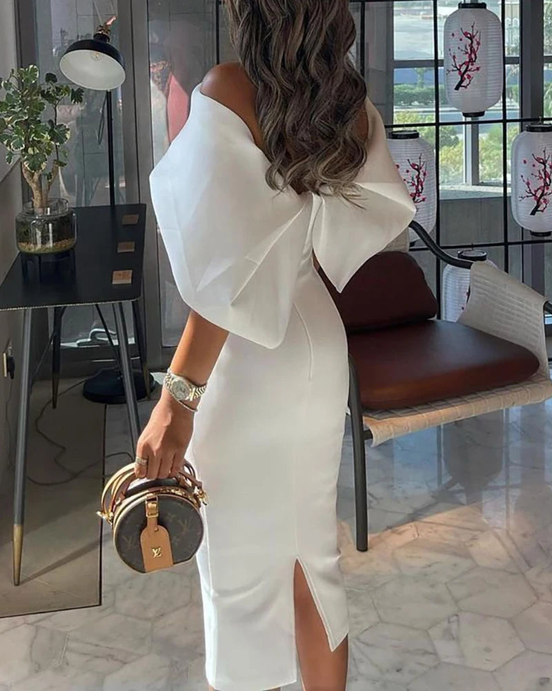 Elegant White Dress Women Summer Off Shoulder Cape Design Splicing Skinny Dress Party Vestidos Woman Evening Party Dresses White - reetell