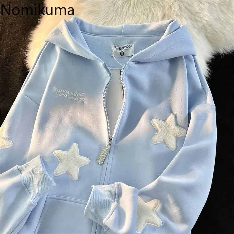 Streetwear Embroidery Star Hoodie Women Clothing Thicked Zipper Hooded Jackets Y2k Tops Casual Fashion Vintage Sweatshirts Coat - reetell