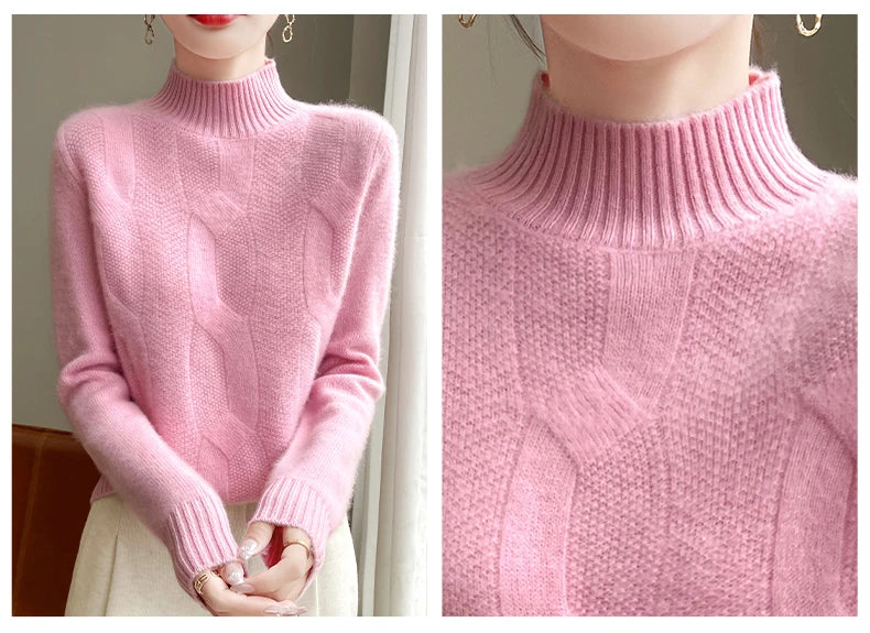 100% Merino Wool Half Turtleneck Pullover Women's Autumn and Winter Thick Twist Flower Sweater Korean Fashion Women's Wear - reetell