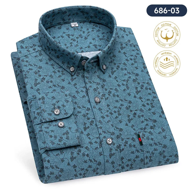 Fashion korean100%cotton casual long-sleeve shirts for men slim fit plain tops print designer vintage elegant clothes streetwear