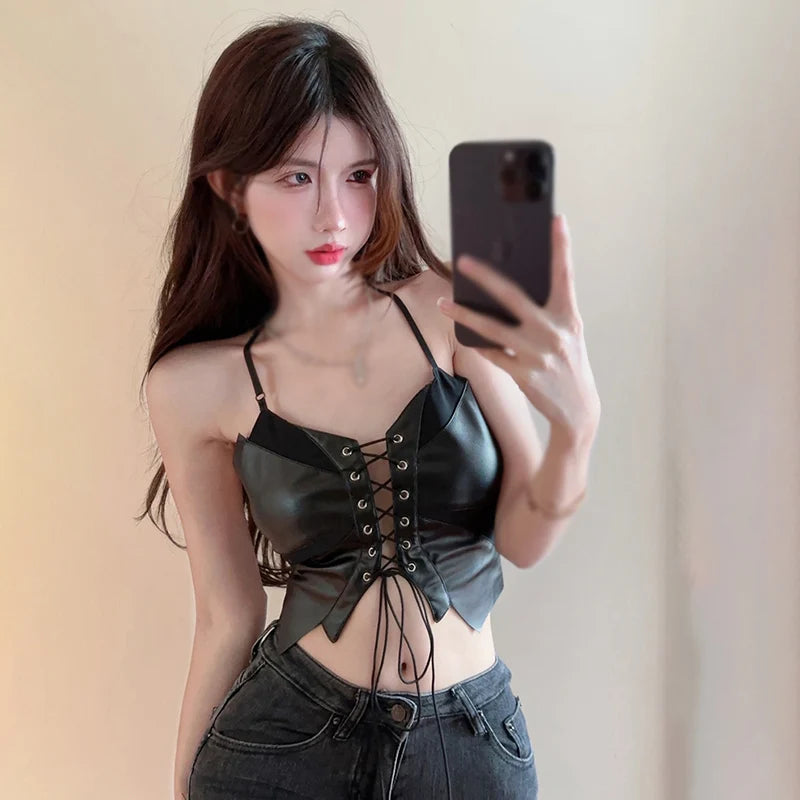 Women's T-shirt Hollow out Bandage PU Leather Sleeveless Tops Slim Sexy Fashion Women's Crop Top - reetell