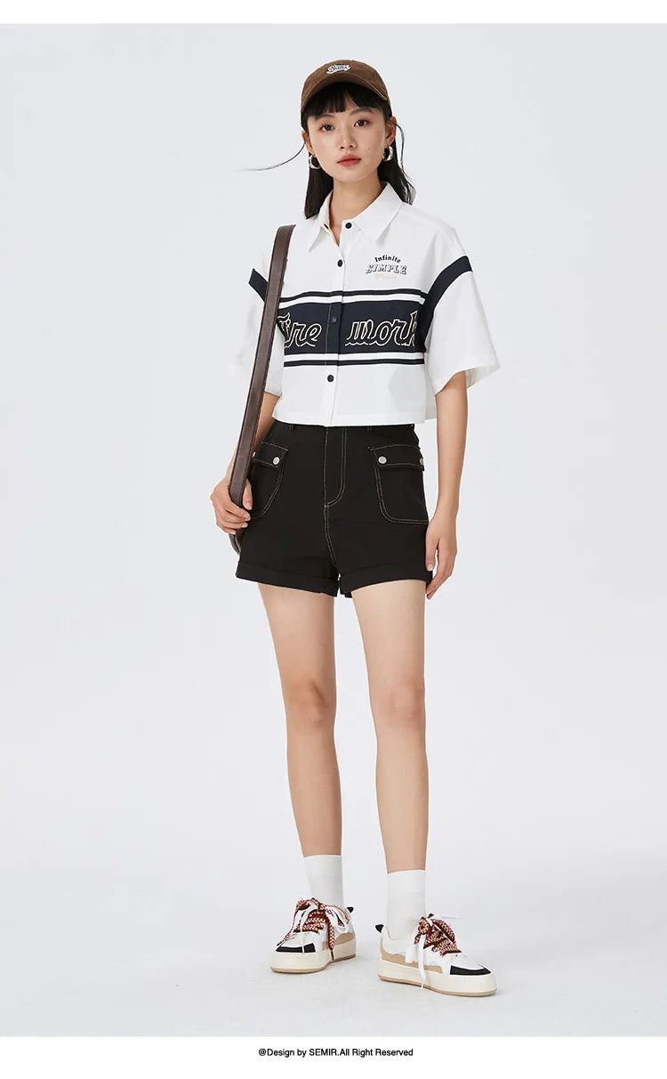 Semir Casual Pants Women Cargo Pants Simple And Handsome 2024 Summer New Pure Cotton A-Line Shorts Versatile - reetell