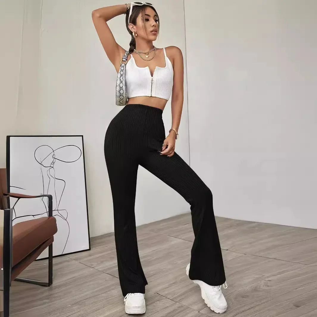 2024  temperament high-waist slimming beltless slightly flared knitted casual trousers for women - reetell