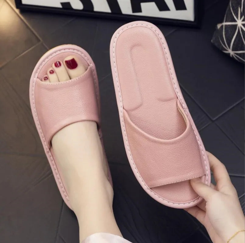 Genuine Leather Slippers Homes in indoor slipper summer open toe sandals men women elderly casual Slides shoes