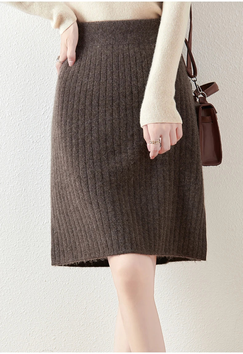 Women's Knitted Skirt 100% Merino Wool Sheath Skirt Solid Color Autumn/Winter Fashion Vertical Strip Wrap Hip Skirt Split Skirt - reetell