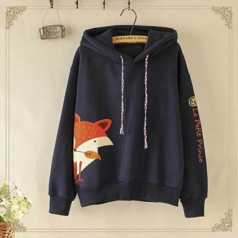 Hot Autumn Cute Fox Printing Hooded Sweatshirt Women Clothing Pullovers Plus Velvet Patchwork Female Sweet Thick Warm Hoodies - reetell