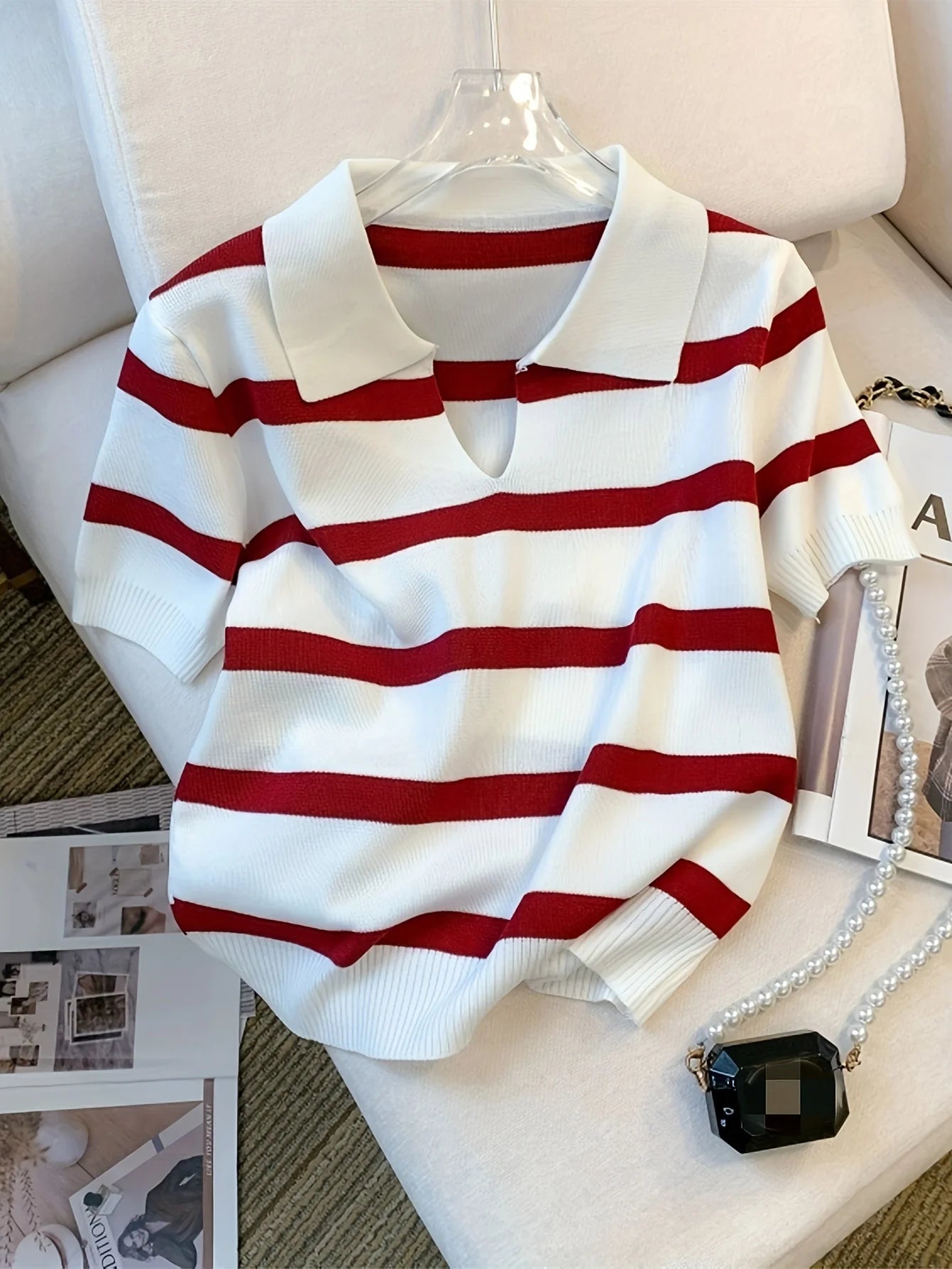 2024 New Striped Pattern Collared Sweater Versatile Short Sleeve Knitted Top For Spring & Summer Women's Clothing Crop Top - reetell