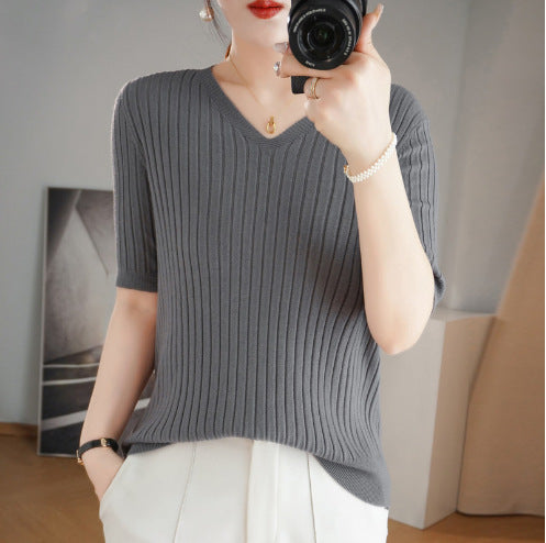 Women Sweater Short Sleeve V-neck Stripe Knitwears Slim Fit Shirt Korean Fashion Pullovers Thin Knit Tops 2024 Bottoming Shirts - reetell