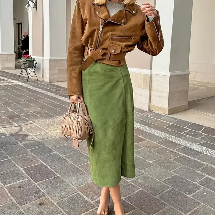 Fashion High Waisted Suede Straight Leg Skirt Women Spring Autumn Green Elegant Split Ziped Slim Mid Length Skirts Female New - reetell