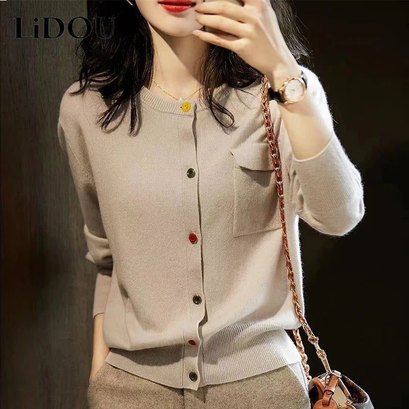 Autumn Winter Elegant Fashion Sweet Chic Solid Sweater Women Slim Button Casual Knitted Cardigan All-match Top Female Clothing - reetell