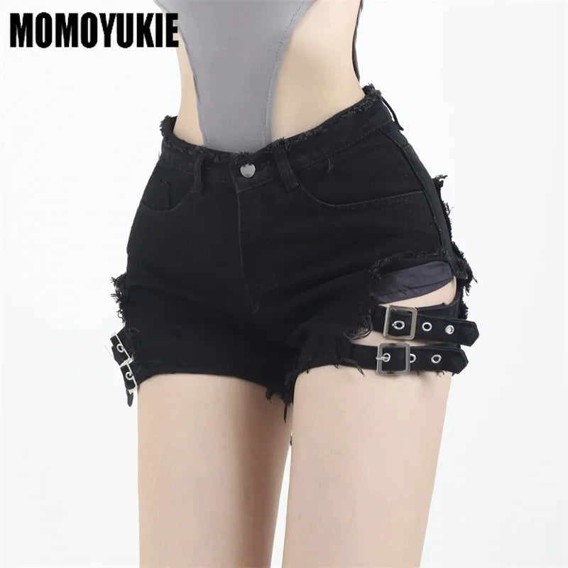 2023 Summer Vintage Trend Hot Girls Harajuku High Waisted Irregular Denim Shorts Goth Rock Sexy Women Shorts Slimming Versatile - reetell