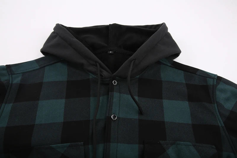 Mens Green Hooded Plaid Winter Shirt Jacket Casual Fleece Linend Warm Shirt Long Sleeve Western Cowboy Flannel Checkered Chemise