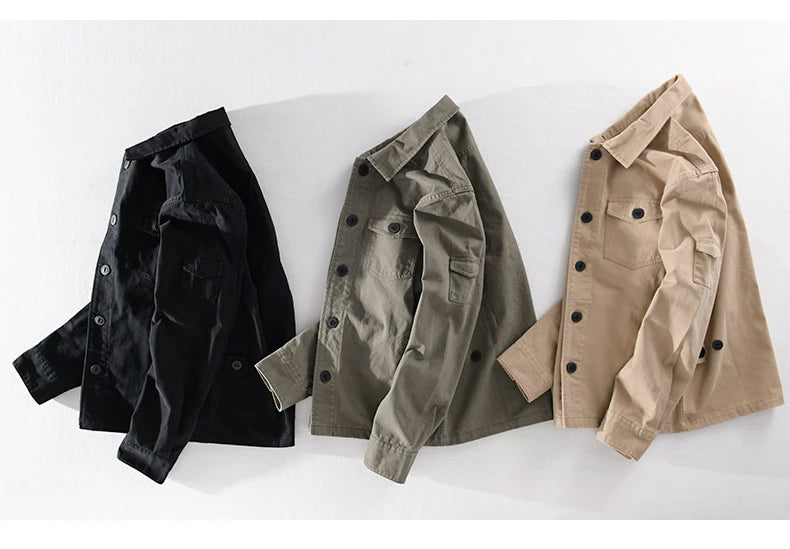 100% Cotton Tooling Japanese Jacket, New Coat Men's Long Sleeve Khaki Shirt, Casual Cotton Comfortable Thick Shirt camping - reetell