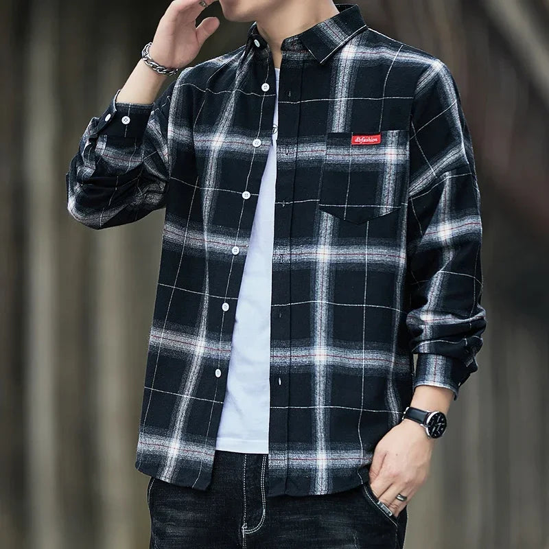 Autumn New Casual Men's Flannel Plaid Shirt Brand Male Business Office Red Black Checkered Long Sleeve Shirts Clothes